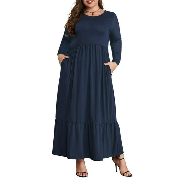 Mengpipi Women's Plus Size Casual Long Sleeve Crewneck Dress Flowy Tiered Loose Maxi Dress with Pockets 1X-5X