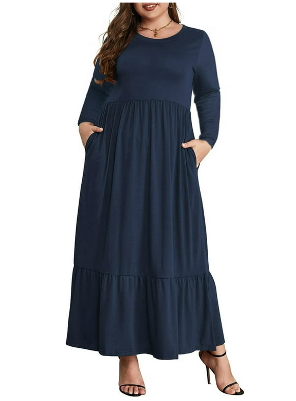 Women's Plus Size Casual Long Sleeve Crewneck Dress Flowy Tiered Loose Maxi Dress with Pockets 1X-5X