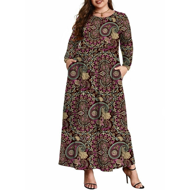 Mengpipi Women's Plus Size Casual Long Sleeve Crewneck Dress Flowy Tiered Loose Maxi Dress with Pockets 1X-5X