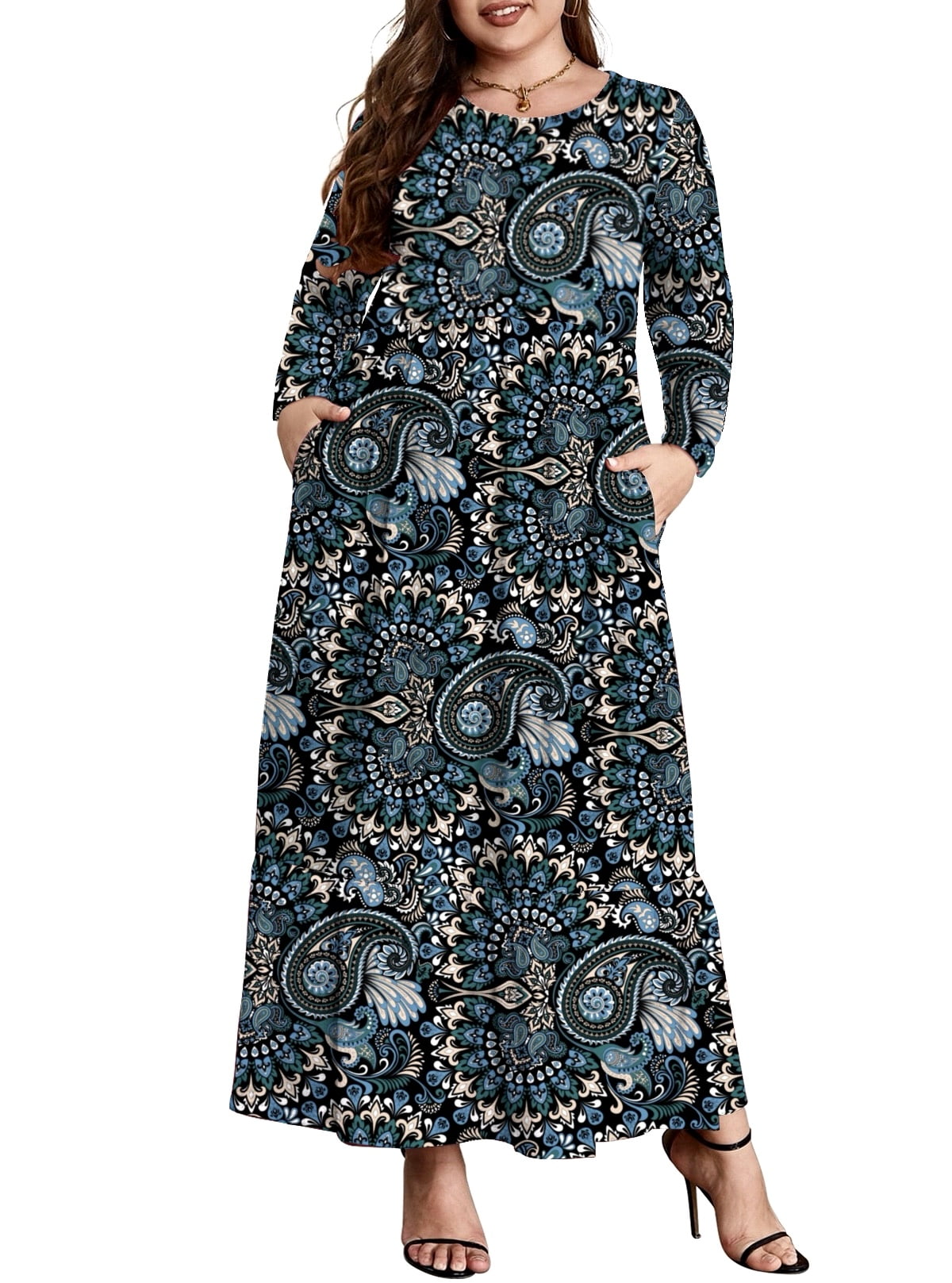 Print Plus Size Long Sleeve Loose Maxi Dress