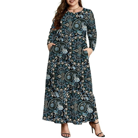 Mengpipi Women's Plus Size Casual Long Sleeve Crewneck Dress Flowy Tiered Loose Maxi Dress with Pockets 1X-5X