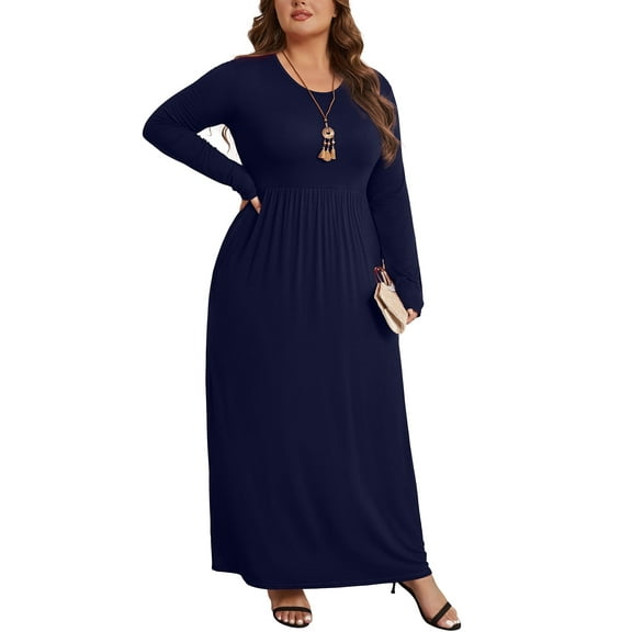 Mengpipi Women's Plus Size Casual Long Sleeve Dress Crewneck Loose Maxi Dress with Pockets 2X-5X