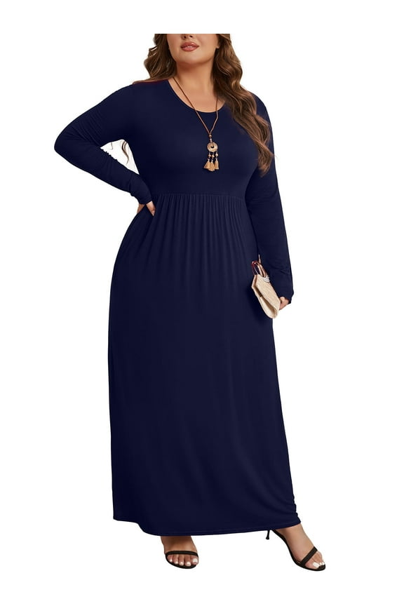 Women's Plus Size Casual Long Sleeve Dress Crewneck Loose Maxi Dress with Pockets 2X-5X