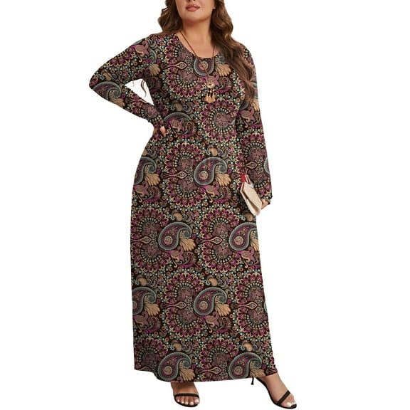 Mengpipi Women's Plus Size Casual Long Sleeve Dress Crewneck Loose Maxi Dress with Pockets 2X-5X