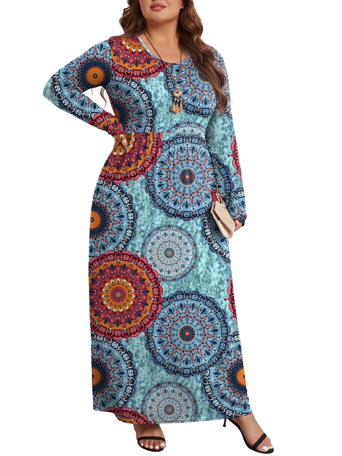 Plus Size Round Neck Long Sleeve Maxi Dress with Pockets main image 1