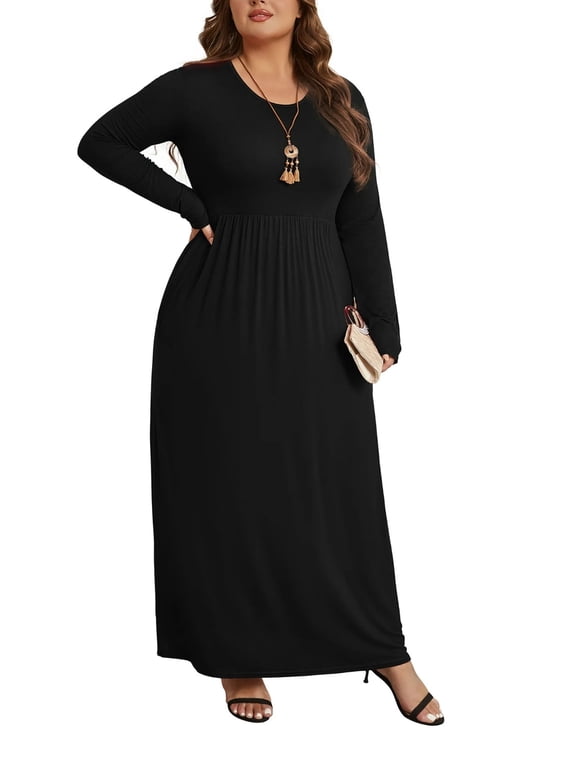 Women's Plus Size Casual Long Sleeve Dress Crewneck Loose Maxi Dress with Pockets 2X-5X