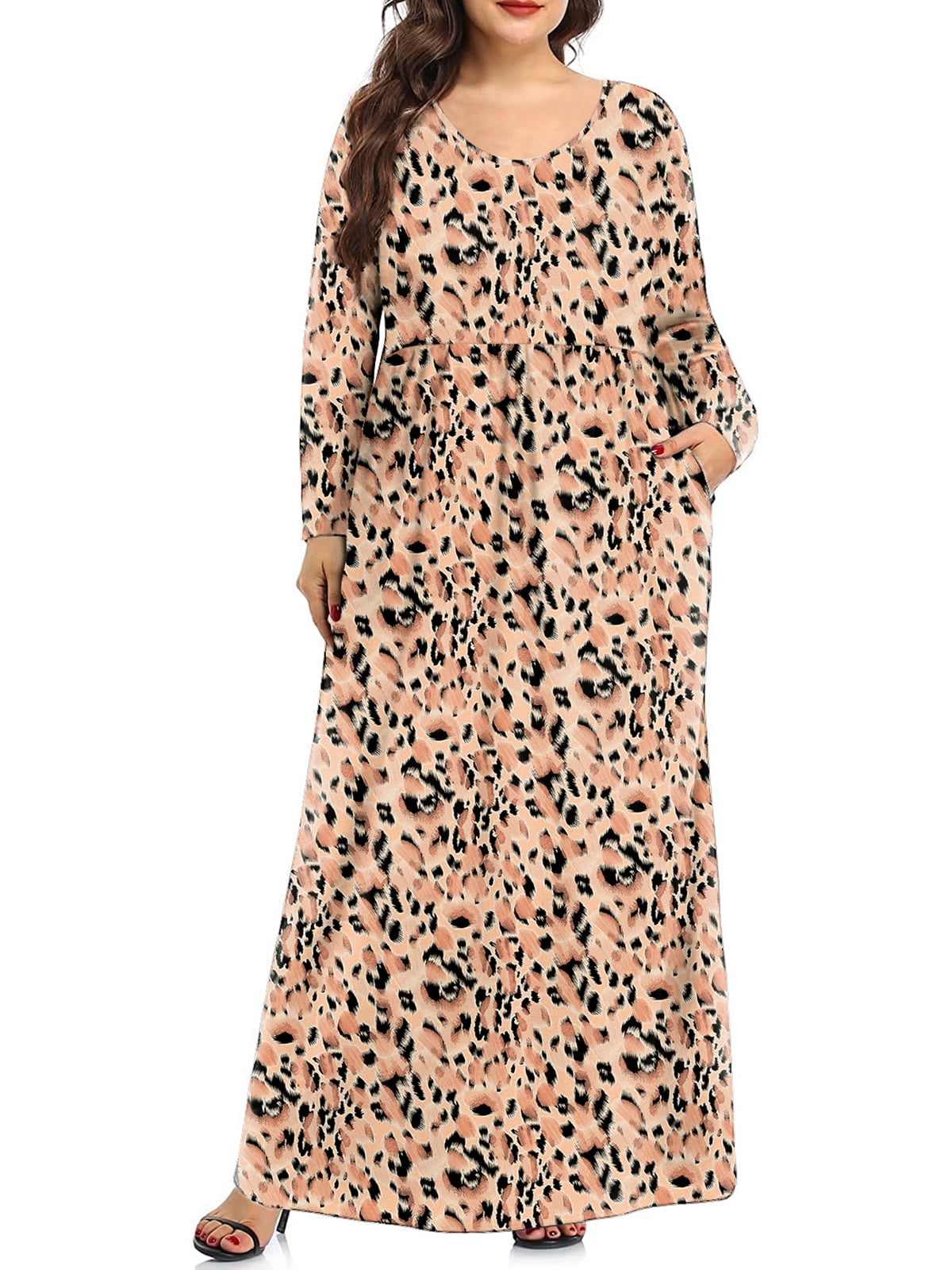 Plus Size Round Neck Long Sleeve Maxi Dress with Pockets