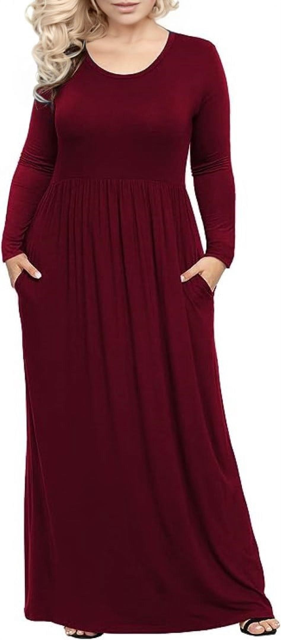 Plus Size Round Neck Long Sleeve Maxi Dress with Pockets main image 0