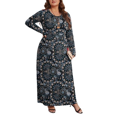 Mengpipi Women's Plus Size Casual Long Sleeve Dress Crewneck Loose Maxi Dress with Pockets 2X-5X