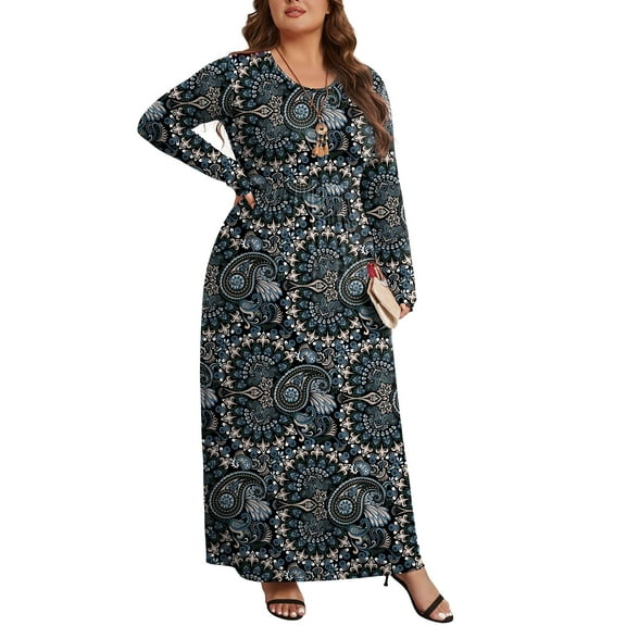 Mengpipi Women's Plus Size Casual Long Sleeve Dress Crewneck Loose Maxi Dress with Pockets 2X-5X