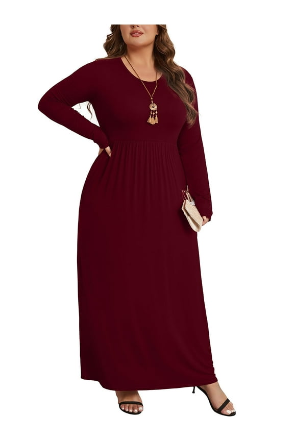 Women's Plus Size Casual Long Sleeve Dress Crewneck Loose Maxi Dress with Pockets 2X-5X