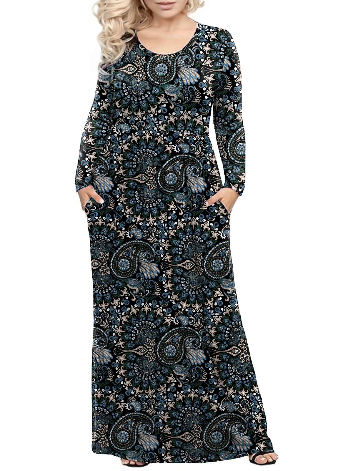 Plus Size Pocket Pleated Long Sleeve Women Maxi Dress