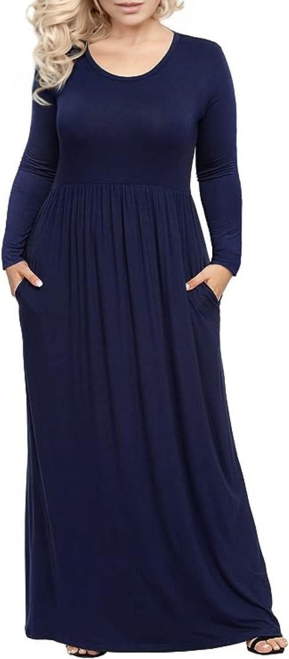 Mengpipi Women's Plus Size Casual Long Sleeve Dress Crewneck Loose Maxi ...