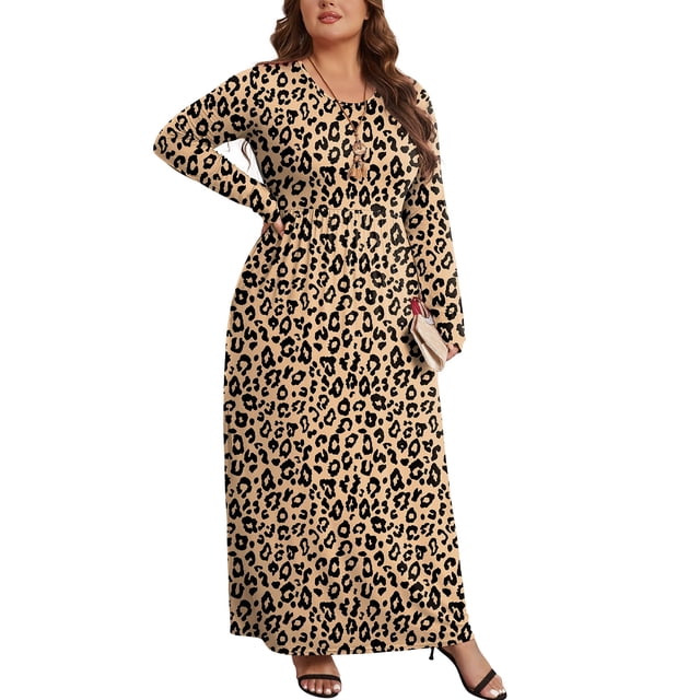 Mengpipi Women's Plus Size Casual Long Sleeve Dress Crewneck Loose Maxi Dress with Pockets 2X-5X