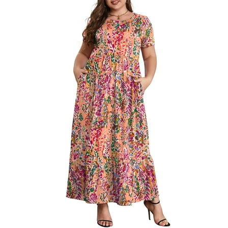 Mengpipi Women's Plus Size Casual Short Sleeve Crewneck Dress Flowy Tiered Loose Maxi Dress with Pockets 1X-5X