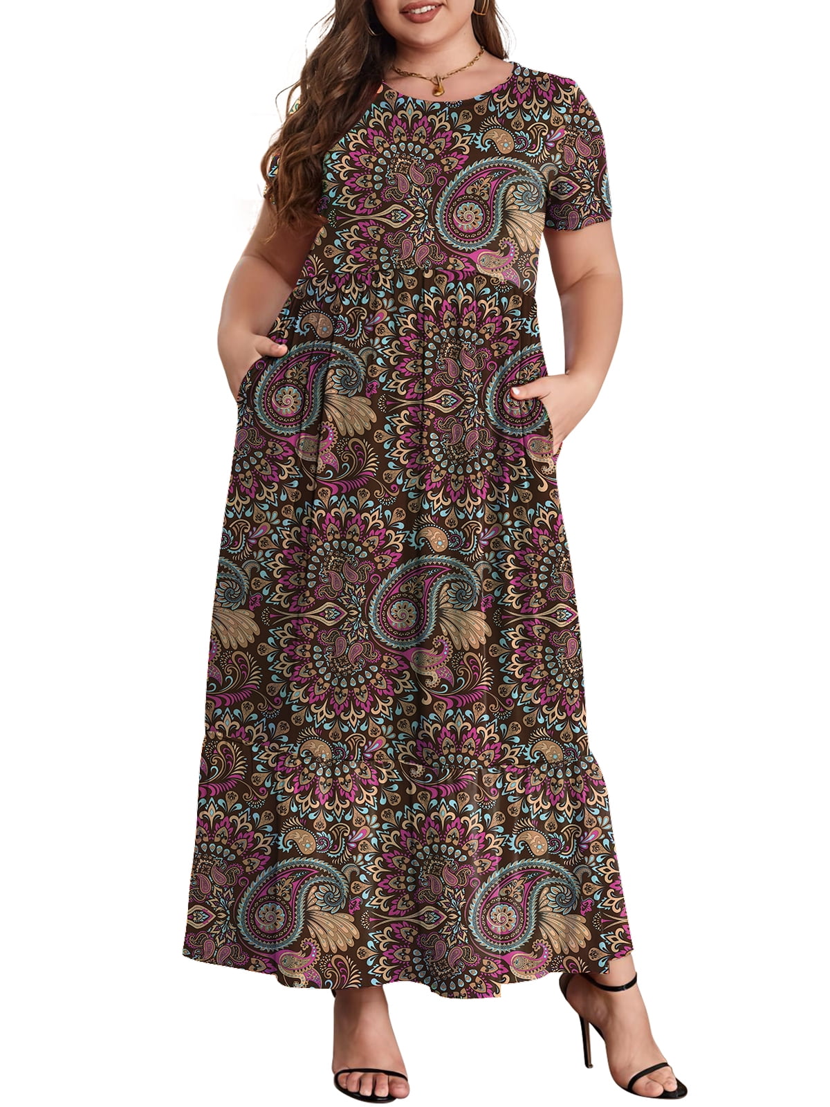 Mengpipi Women's Plus Size Maxi Dress, Short Sleeve, Crewneck, Flowy ...