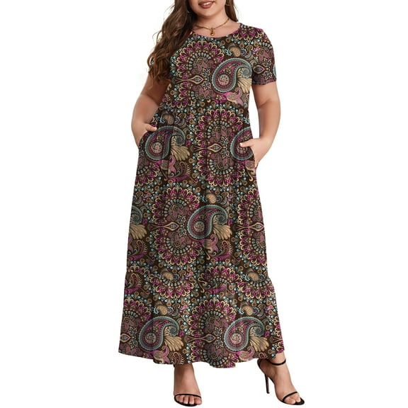 Mengpipi Women's Plus Size Casual Short Sleeve Crewneck Dress Flowy Tiered Loose Maxi Dress with Pockets 1X-5X