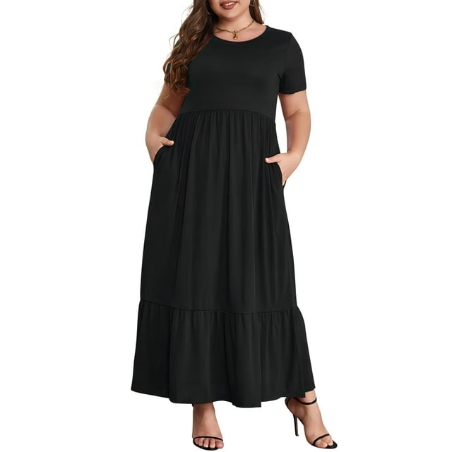 Mengpipi Women's Plus Size Casual Short Sleeve Crewneck Dress Flowy Tiered Loose Maxi Dress with Pockets Black 1X-5X