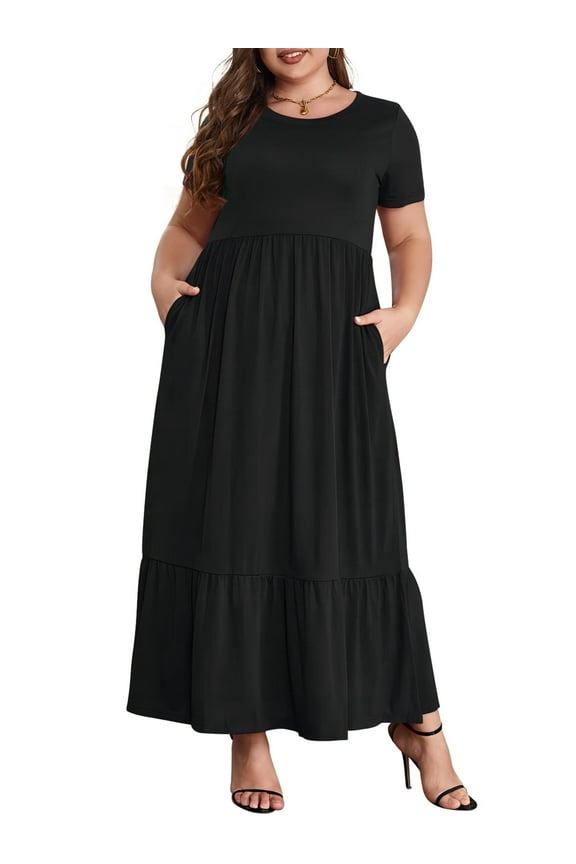 Women's Plus Size Casual Short Sleeve Crewneck Dress Flowy Tiered Loose Maxi Dress with Pockets Black 1X-5X