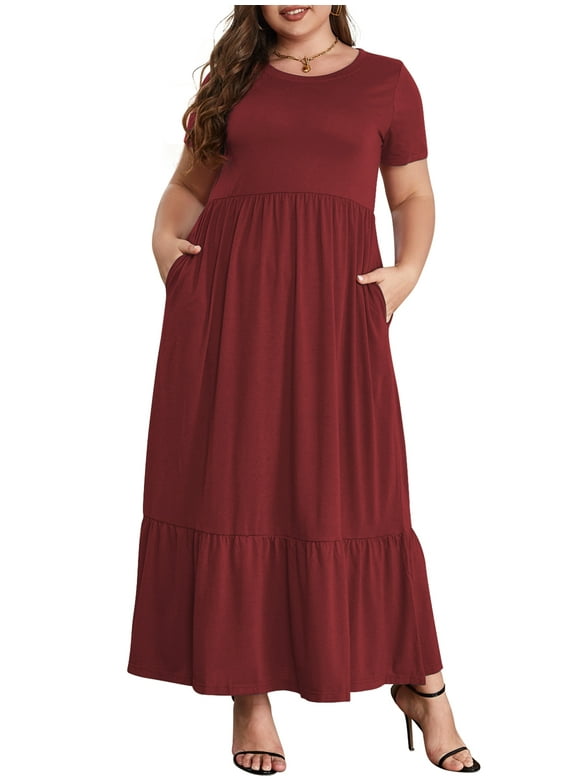 Mengpipi Women's Plus Size Casual Short Sleeve Crewneck Dress Flowy Tiered Loose Maxi Dress with Pockets Burgundy 1X-5X