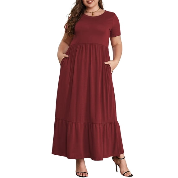 Mengpipi Women's Plus Size Casual Short Sleeve Crewneck Dress Flowy Tiered Loose Maxi Dress with Pockets Burgundy 1X-5X