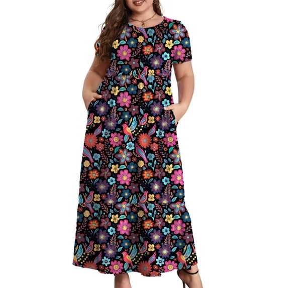 Mengpipi Women's Plus Size Casual Short Sleeve Crewneck Dress Flowy Tiered Loose Maxi Dress with Pockets 1X-5X