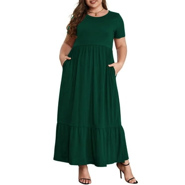 Mengpipi Women's Plus Size Casual Short Sleeve Crewneck Dress Flowy Tiered Loose Maxi Dress with Pockets Dark Green 1X-5X