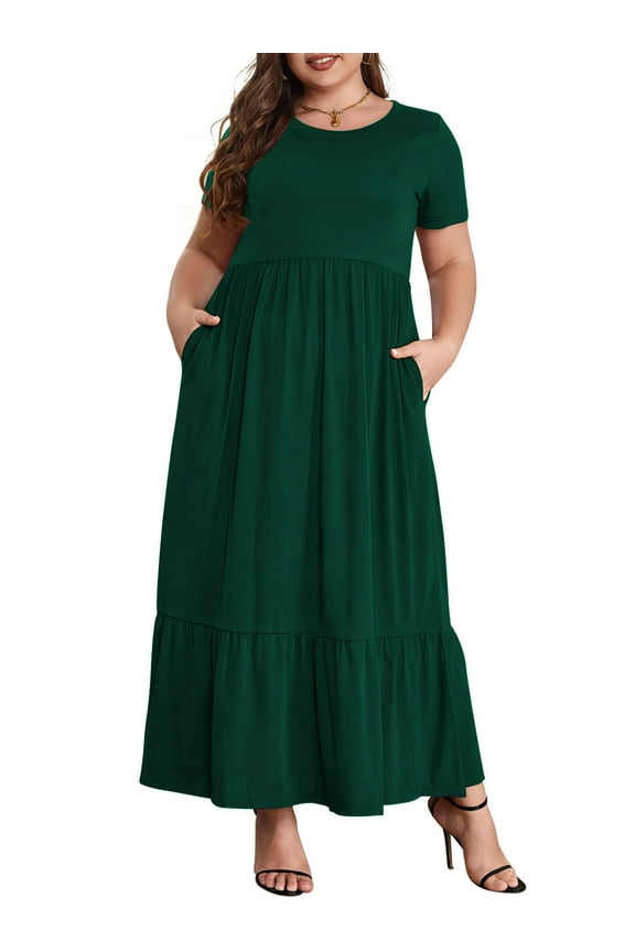 Women's Plus Size Casual Short Sleeve Crewneck Dress Flowy Tiered Loose Maxi Dress with Pockets Dark Green 1X-5X