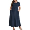 thumbnail image 1 of Mengpipi Women's Plus Size Casual Short Sleeve Crewneck Dress Flowy Tiered Loose Maxi Dress with Pockets Navyblue 1X-5X, 1 of 8