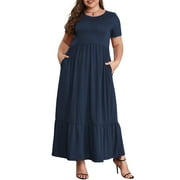 MENGPIPI Women's Plus Size Casual Short Sleeve Crewneck Dress Flowy Tiered Loose Maxi Dress with Pockets Navyblue 1X-5X
