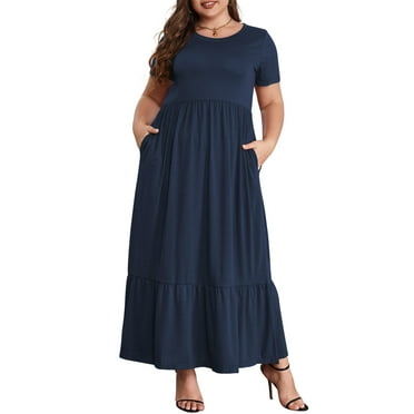 Mengpipi Women's Plus Size Casual Short Sleeve Crewneck Dress Flowy Tiered Loose Maxi Dress with Pockets Navyblue 1X-5X