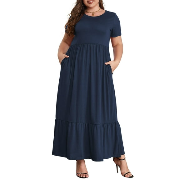 Mengpipi Women's Plus Size Casual Short Sleeve Crewneck Dress Flowy Tiered Loose Maxi Dress with Pockets Navyblue 1X-5X