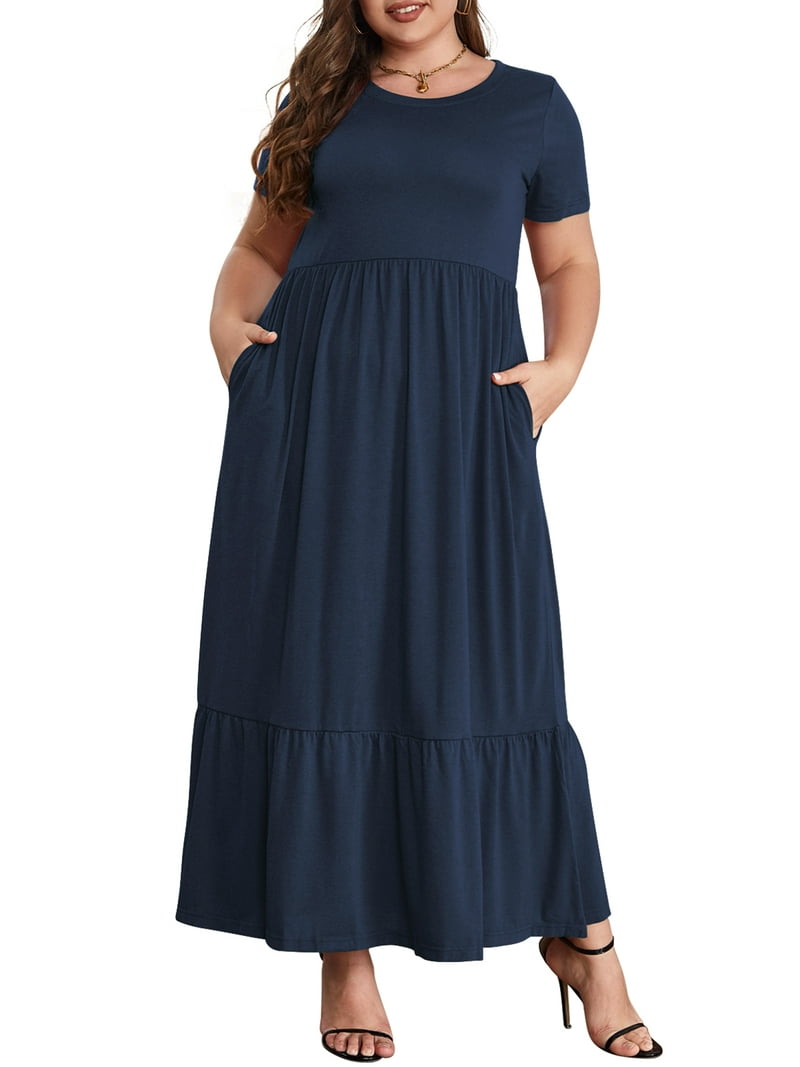Mengpipi Women's Plus Size Casual Short Sleeve Crewneck Dress