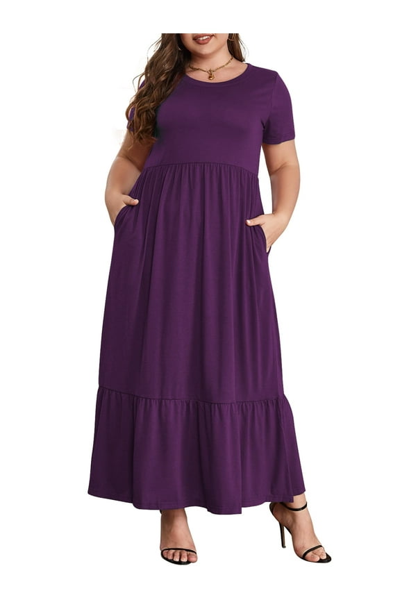 Women's Plus Size Casual Short Sleeve Crewneck Dress Flowy Tiered Loose Maxi Dress with Pockets Purple 1X-5X