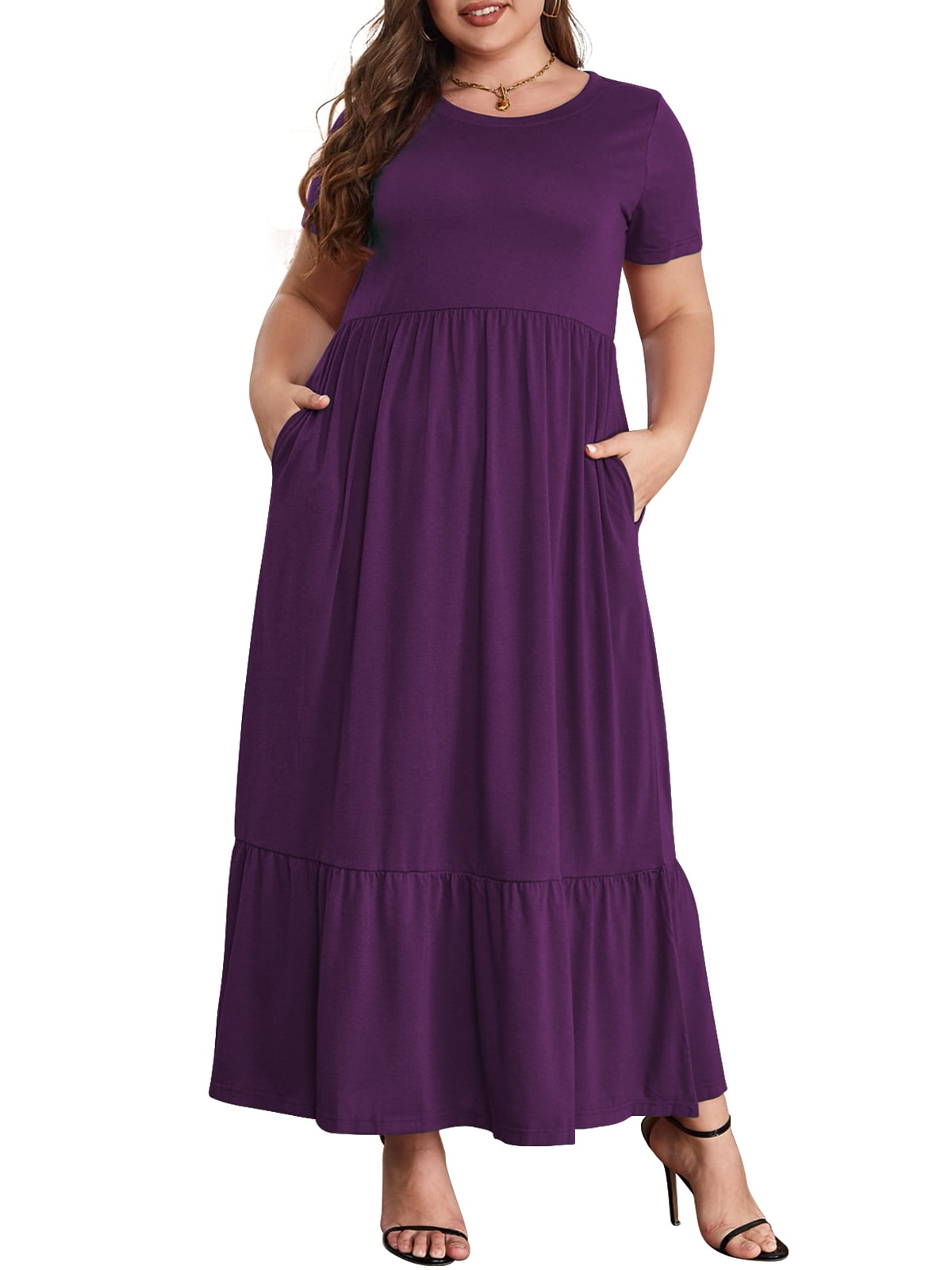 Mengpipi Women S Plus Size Casual Short Sleeve Crewneck Dress Flowy Tiered Loose Maxi Dress With Pockets Purple 1X 5X: Worth Buying?