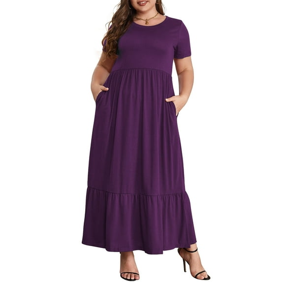 Mengpipi Women's Plus Size Casual Short Sleeve Crewneck Dress Flowy Tiered Loose Maxi Dress with Pockets Purple 1X-5X