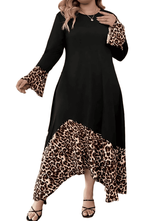 Women’s Plus Size Dresses Fall Spring Long Sleeve Crew Neck Loose Fit Color Block Leopard Print Asymmetric Hem Casual Maxi Dress 1X-5X