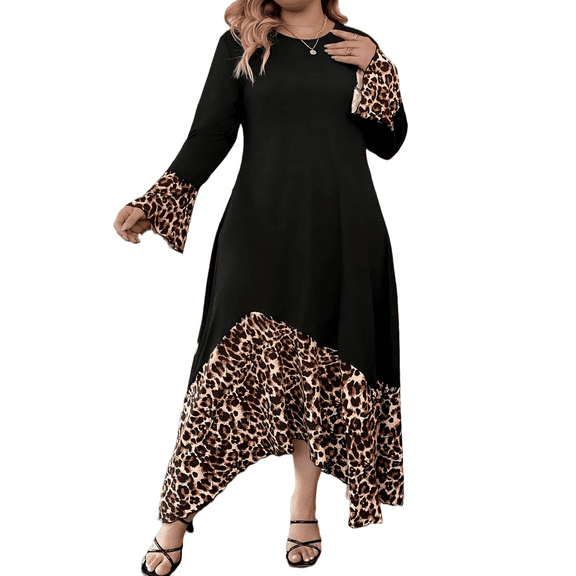 Mengpipi Women’s Plus Size Dresses Fall Spring Long Sleeve Crew Neck Loose Fit Color Block Leopard Print Asymmetric Hem Casual Maxi Dress 1X-5X