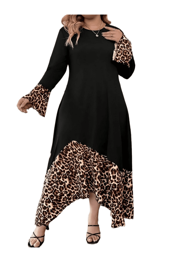 Women’s Plus Size Dresses Fall Spring Long Sleeve Crew Neck Loose Fit Color Block Leopard Print Asymmetric Hem Casual Maxi Dress 1X-5X