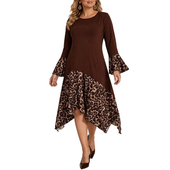 Mengpipi Women’s Plus Size Dresses Fall Spring Long Sleeve Crew Neck Loose Fit Color Block Leopard Print Asymmetric Hem Casual Maxi Dress 1X-5X