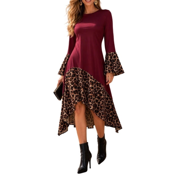 Mengpipi Women’s Plus Size Dresses Fall Spring Long Sleeve Crew Neck Loose Fit Color Block Leopard Print Asymmetric Hem Casual Maxi Dress 1X-5X