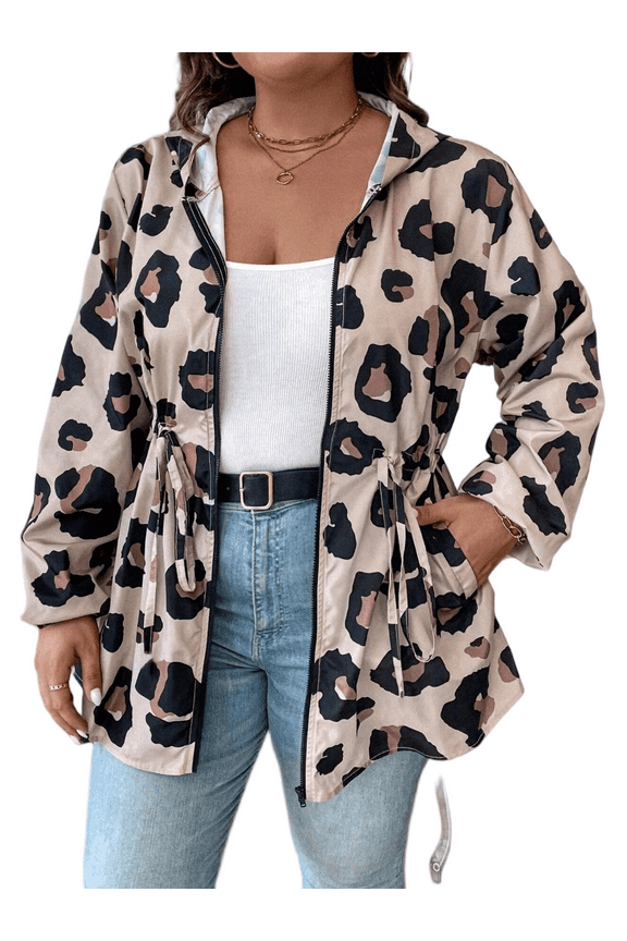 Women’s Plus Size Jackets Fall Spring Long Sleeve Hooded Drawstring Waist Zip Front Leopard Print Relaxed Fit Casual Lightweight Outerwear Coat 1X-5X