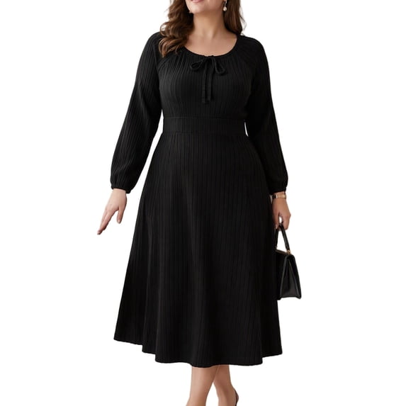 Mengpipi Women's Plus Size Knits Fall Spring Long Sleeve Round Neck Puff Sleeve with Bow Detail Fitted A-Line Solid Color Casual Comfortable Dress 1X-5X