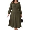 thumbnail image 1 of Mengpipi Women's Plus Size Knits Fall Spring Long Sleeve Round Neck Puff Sleeve with Bow Detail Fitted A-Line Solid Color Casual Comfortable Dress 1X-5X, 1 of 9