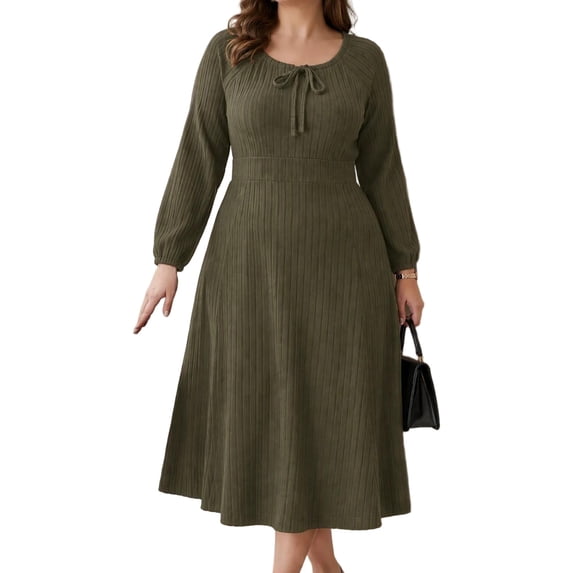 Mengpipi Women's Plus Size Knits Fall Spring Long Sleeve Round Neck Puff Sleeve with Bow Detail Fitted A-Line Solid Color Casual Comfortable Dress 1X-5X