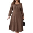 thumbnail image 1 of Mengpipi Women's Plus Size Knits Fall Spring Long Sleeve Round Neck Puff Sleeve with Bow Detail Fitted A-Line Solid Color Casual Comfortable Dress 1X-5X, 1 of 9