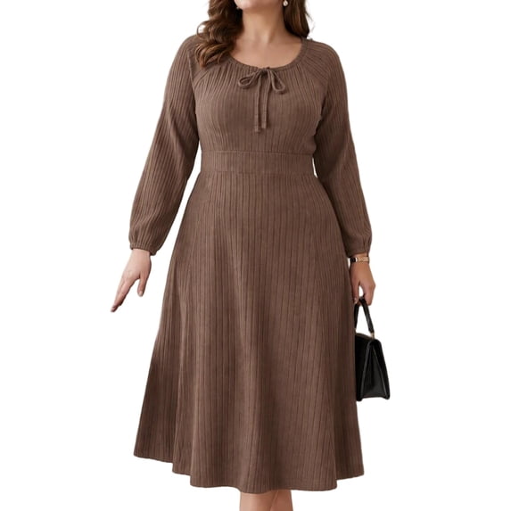 Mengpipi Women's Plus Size Knits Fall Spring Long Sleeve Round Neck Puff Sleeve with Bow Detail Fitted A-Line Solid Color Casual Comfortable Dress 1X-5X