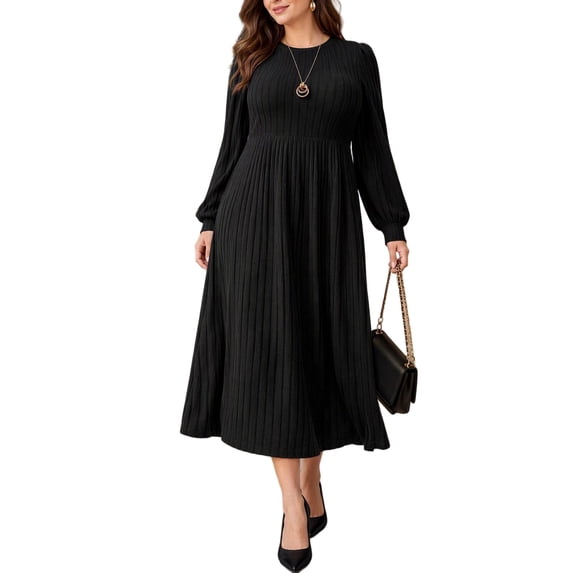 Mengpipi Women's Plus Size Knits Fall Spring Long Sleeve Round Neck Puff Sleeve Ribbed A-Line Solid Color Casual Comfortable Midi Dress 1X-5X