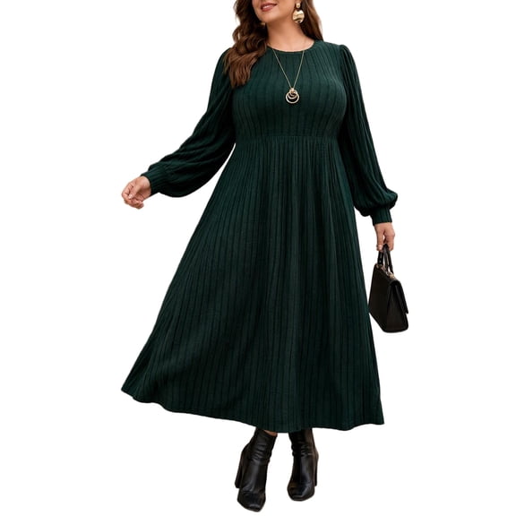 Mengpipi Women's Plus Size Knits Fall Spring Long Sleeve Round Neck Puff Sleeve Ribbed A-Line Solid Color Casual Comfortable Midi Dress 1X-5X