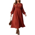 thumbnail image 1 of Mengpipi Women's Plus Size Knits Fall Spring Long Sleeve Round Neck Puff Sleeve Ribbed A-Line Solid Color Casual Comfortable Midi Dress 1X-5X, 1 of 9
